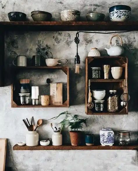 35+ Boho Kitchen Decor Ideas | momooze.com Coffee Shelf, Boho Kitchen Decor, Cool Decor, Decor Ikea, Boho Kitchen, Kitchen Shelves, Wooden Shelves, Ideas Kitchen, Rustic Kitchen