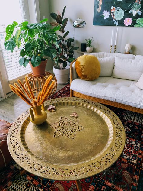 This authentic mid century modern coffee table makes a big impact. With a handmande brass tray top and spider leg base in olive wood, its MCM meets boho and we’re here for it. Mcm Meets Boho, Mid Century Modern Moroccan, Green Sofa Decor, Moroccan Coffee Table, Indian Coffee Table, Middle Eastern Decor, Low Expectations, Brass Tray Table, Aesthetic Building