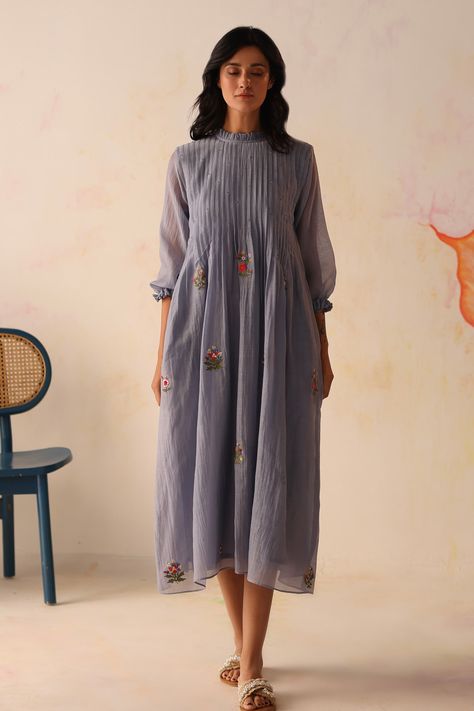 Blue Flowers Dress, Cotton Dress Pattern Indian, Chanderi Dress, Cotton Dress Pattern, Simple Frocks, Cotton Frocks, Flowers Dress, Cotton Outfit, Hand Embroidered Flowers