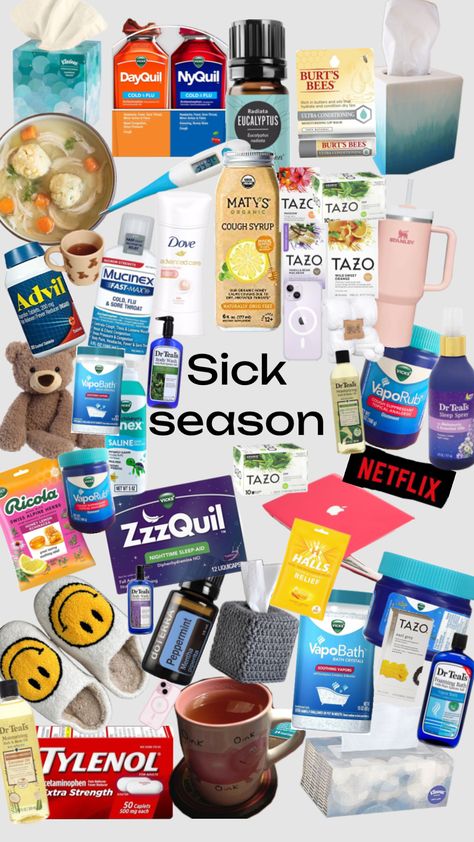 Sick Aesthetics Cold, Sick Aesthetics, Cold Sick, Sick Day Essentials, Period Box, Sleepover Essentials, Girly Christmas Gifts, Sick Remedies, Survival Skills Life Hacks