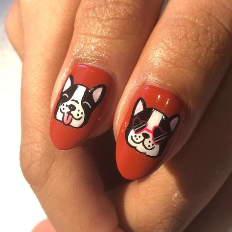 Doggy style Bulldog Nails, French Bulldog Nail Design, Acrylic Nails Dog Designs, Dog Design Nail Art, Dog Nail Art, Bull Dogs Frances, Dog Nails, Nail Art Inspiration, Creative Nails