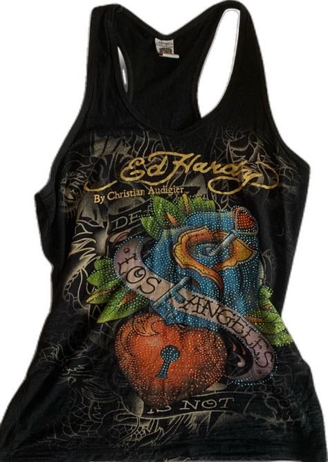 Ed Hardy Tank Top, Von Dutch Outfit, Ed Hardy Top, Archive Aesthetic, Aesthetic Vintage Retro, Vintage Retro Fashion, Y2k Ed Hardy, Fashionably Late, Von Dutch