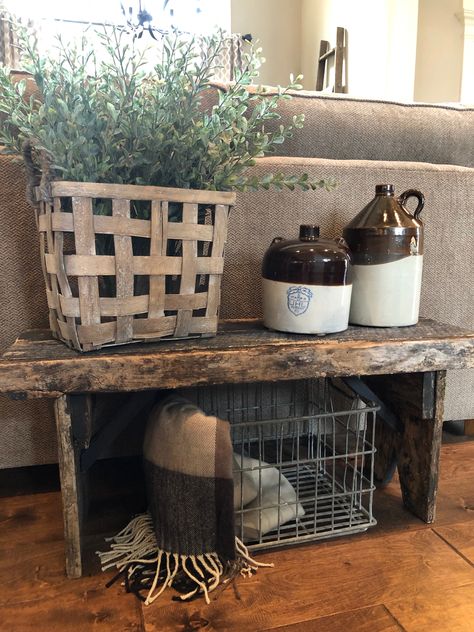 Antique Crate Ideas, Vintage Milk Crate Decor, Old Crate Ideas Decor, Metal Crate Decor Ideas, Old Milk Crate Ideas, Old Chair Decor Ideas, Crock Display Ideas, Old Crate Ideas, Vintage Crocks Decorating With