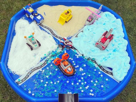 Paw patrol messy play! My trio are really into paw patrol at the moment so been planning a messy tray for some paw patrol missions for a… | Instagram Paw Patrol Tuff Tray Ideas, Paw Patrol Messy Play, Paw Patrol Tuff Tray, Paw Patrol Activities For Toddlers, Paw Patrol Sensory Bin, Transport Art, Diy Toddler Toys, Toddlers Activities, Sensory Games