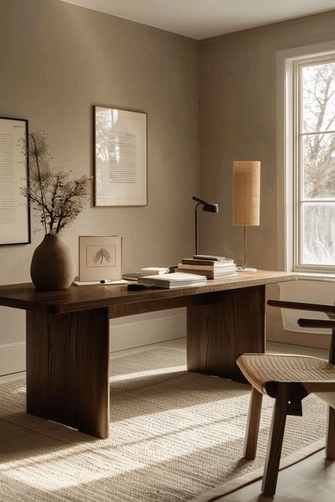 55+ Chic Japandi Home Office Ideas for a Productive Retreat Clean Home Office Design, Dark Wood Office Desk, Japanese Workspace, Limewash Office, Japandi Home Design, Calm Home Office, Modern Organic Office, Japandi Workspace, Study Room Inspiration