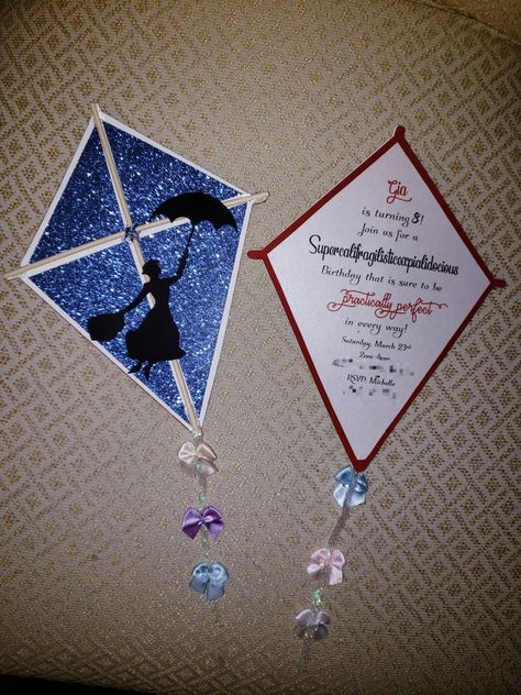 Practically Perfect Mary Poppins birthday invites. Disney party. Kite invitation. DM for ordering details Mary Poppins Table Decor, Mary Poppins Kite Prop, Mary Poppins Favors, Lets Go Fly A Kite Mary Poppins, Mary Poppins Birthday, Mary Poppins Party Decorations, Puppy Party Decorations, I Love My Niece, Mary Poppins Movie