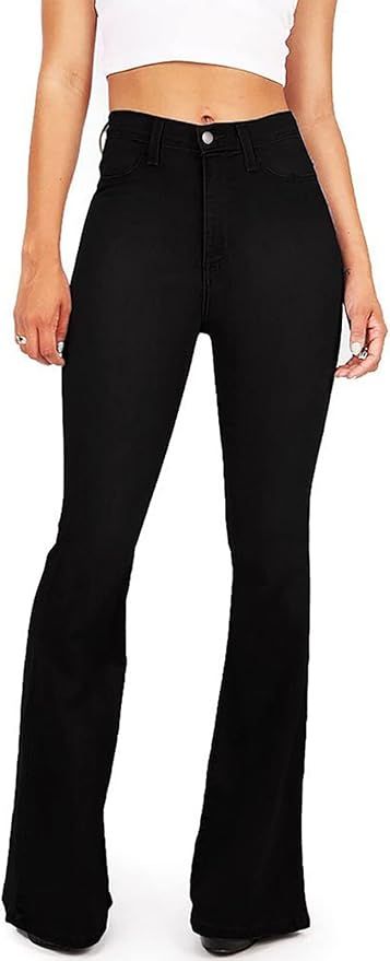 KDF Women's Black Bell Bottom Jeans for Women High Waisted Flare Bootcut Stretch Plus Size Slimming Bell Bottom Pants for Women, 18, Black at Amazon Women's Jeans store Black Bell Bottom Jeans, High Waisted Bell Bottom Jeans, Black Bell Bottom, Black Flare Jeans, Womens Flare Jeans, Bauchfreies Top, Bottom Jeans, Slim Denim, Black Flare