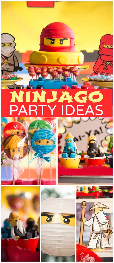 A Lego Ninjago boy birthday party with ninja cookies, cupcakes and cake pops!  See more party planning ideas at CatchMyParty.com! Ninjago Party Activities, Ninja Cake Ideas Boys, Ninjago Cake Ideas, Ninjago Cookies, Ninjago Torte, Ninjago Birthday Cake, Ninja Cookies, Lego Party Ideas, Lego Party Decorations