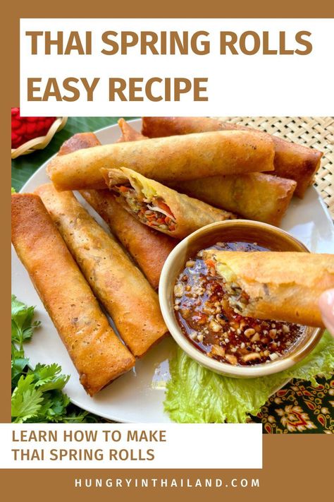 Try this simple Thai spring rolls recipe, filled with vegetables and ready to dip in peanut sauce or sweet chili. They're an easy, fried treat that makes a great appetizer or snack. Fried Spring Rolls Vegetarian, Thai Fried Spring Rolls, Thai Rolls Spring, Thai Spring Rolls With Peanut Sauce, Spring Roll Recipe Vegetable, Spring Roll Wrapper Recipes, Thai Appetizer Recipes, Spring Rolls Vegetable, Spring Roll Filling Ideas