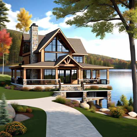 Lake House Design With Wrap Around Porch A Frame Wrap Around Porch, House With Veranda Wrap Around Porches, Rap Around Porch, Lake House Design, Homes With Wrap Around Porches, 2 Bedroom House Design, 1200 Sq Ft House, 4 Bedroom House Designs, L Shaped House