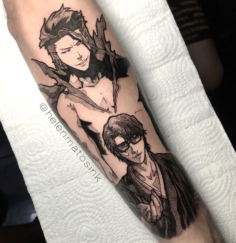 Instagram: @helenmatosink  . #bleach #anime #tattoo #aizen #otaku #geek Aizen Sosuke Tattoo Ideas, Aizen Sosuke Tattoo, Aizen Tattoo, Bleach Anime Tattoo, Bleach Tattoo Ideas, Anime Tats, Sousuke Aizen, Bleach Tattoo, Aizen Sousuke