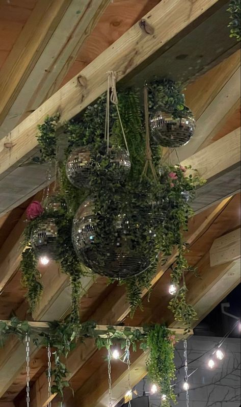 Disco Ball Made Out Of Cds, Maximalist Disco Ball, Disco Light Fixture, Disco Ball Ceiling Fan, Mirror Ball Home Decor, Disco Ball And Greenery Ceiling, Hanging Disco Ball Planter, Cool Things To Hang From The Ceiling, Disco Balls From Ceiling