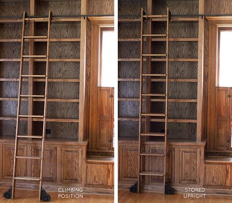 The Built-in Bookshelves and Rolling Ladder in the Library - Making it Lovely Euro Farmhouse, Library Ladders, Reading Areas, Sliding Ladder, Library Project, Rolling Ladder, Library Ladder, White Bookshelves, Ladder Bookshelf