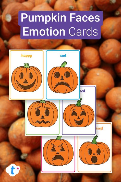 Pumpkin Faces Emotion Cards Pumpkin Emotions Preschool, Pumpkin Emotions Craft, Halloween Emotion Activities, Halloween Feelings Activities, Pumpkin Feelings Activity, Pumpkin Emotions Printable, Halloween Emotions, Pumpkin Emotions, Pumpkin Lesson Plans