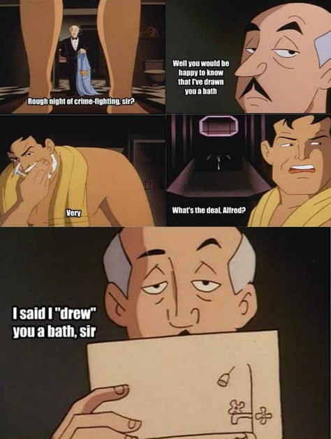 ...but he never misses an opportunity to lay down a sick dad joke. | 21 Reasons We Should All Be More Like Alfred Pennyworth Alfred Being Sassy, Batman Family Headcanons Funny, Batfamily Memes, Dc Memes Funny, Bat Family Memes, Justice League Memes Funny, Batman The Animated Series, I Am Batman, Batman Funny