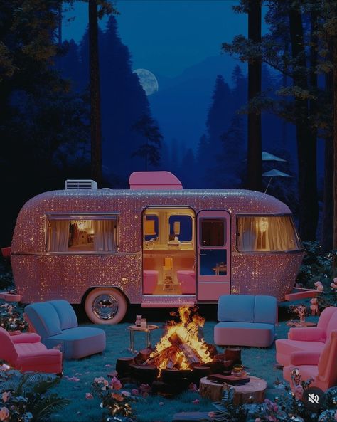 Pink Trailer Interior, Pink Camping Aesthetic, Pink Airstream, Trailer Aesthetic, Pink Camping, Pink Camper, Pink Trailer, Trailer Interior, Camping Aesthetic