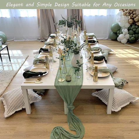 Package Include: you will get 12 pieces 10ft length dusty sage green cheesecloth table runner, enough quantity is suitable for wedding banquets and various parties, the size of each table runner is approximately 35 x 120 inches / 90 x 300 cm, which is large enough to cover rectangle and round tables, can also be spliced together for long tables. Even can be used for chair cover sashes or decorative napkins, backdrop draping or even gift wrapping. Baby Shower Verde, Birthday Party Table Decor, Dusty Sage Green, Sage Green Baby Shower, Table Runner For Wedding, Gauze Table Runner, Baby Shower Decorations Neutral, Cheesecloth Table Runner, Birthday Party Table