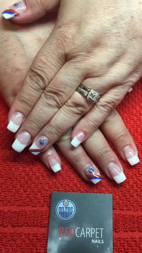 Oilers Nails Edmonton, Edmonton Oilers Nails, Oilers Nails, Hockey Nails Designs, Simple Nails White, Hockey Nails, Cricut Nails, Hockey Wedding, Cute Easy Nail Designs