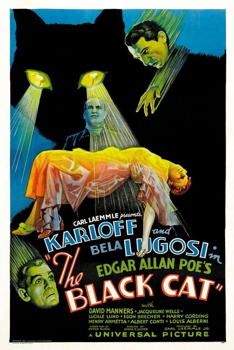 Black Cat Poster, Cat Movie, Boris Karloff, Bela Lugosi, Hollywood Photo, The Black Cat, Horror Posters, Cat Poster, Classic Horror Movies