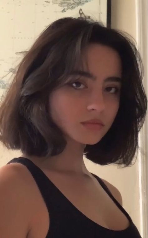 Short Haircuts With Straight Hair, Chin Length Bob Dark Hair, Short Hairstyle Women Round Face Thick Wavy Hair, Short Hair Women Square Face, Short Dark Thick Hair, Short Brown Hair Side Bangs, Side Bangs Short Hair Straight, Square Chin Hairstyles, Round Face Framing Haircut