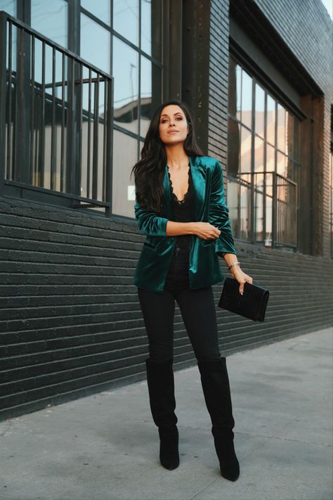 5 Velvet Blazers to Wear This Holiday Season - Andee Layne Ankle Strap Heels Outfit, Velvet Blazer Outfit, Outfits Blazer, Andee Layne, Casual Attire For Women, Holiday Party Fashion, Nye Outfits, Outfit Collage, Christmas Party Outfits