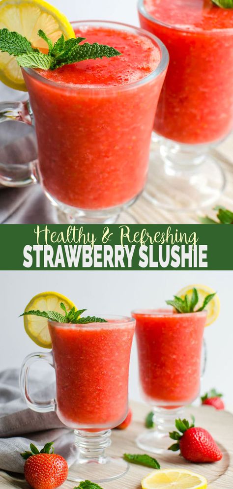 5 min Naturally Sweetened Strawberry Slushie or slush perfect to enjoy the warm weather. Kids friendly healthy strawberry drink! #watchwhatueat #strawberry #slushie Healthy Fruit Slushies, Strawberry Slushies Recipes, Healthy Frozen Drinks, Strawberry Slushies, Strawberry Slushie, Valentine 2023, Slushy Drinks, Healthy Drinks For Kids, Strawberry Drink