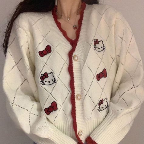 Hello Kitty Cardigan, Red Hello Kitty, Cottagecore Dark Academia, Cottagecore Dark, Girl Grunge, Cozy Cardigan, Soft Girl, Kawaii Fashion, Dream Room