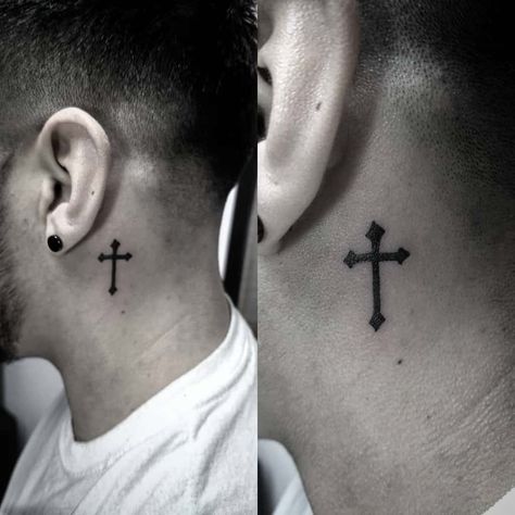 Small Cross Neck Tattoo, Cross Tattoos For Men Neck, Cross Behind Ear Tattoo Men, Tattoo Designs Men Neck, Cross Neck Tattoo Men, Cross On Neck Tattoo, Neck Cross Tattoo, Iron Cross Tattoo, Black Cross Tattoo