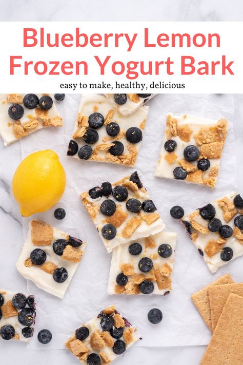 This protein packed frozen yogurt bark with blueberries, lemon, and graham crackers is ready in 10 minutes and a great healthy snack or dessert to have in the freezer. #dessert #snack #freezerfriendly #kidfriendly #makeahead Blueberry Frozen Yogurt, Frozen Yogurt Blueberries, Recipe Cheesecake, Frozen Yogurt Bark, Yogurt Bark, Homemade Snickers, Frozen Raspberries, Fitness Humor, Healthy Protein Snacks