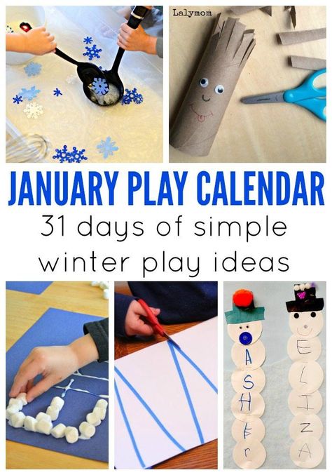 January Activities for Kids - Monthly Play Calendar - Simple winter themed play ideas from winter themed crafts, fun outside play and indoor boredom busters. #winteractivities #januaryactivities #artsandcraftsforkids January Activities For Kids, Winter Themed Crafts, Outdoor Play Ideas, Outside Play, January Activities, Books Crafts, January Crafts, Winter Play, January Calendar