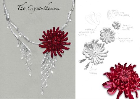 Chrysanthemum Necklace, Ruby And Diamond Necklace, Katerina Perez, Jewelry Rendering, Jewellery Design Sketches, Jewelry Drawing, Chinese Symbols, Jewellery Sketches, Wild Orchid