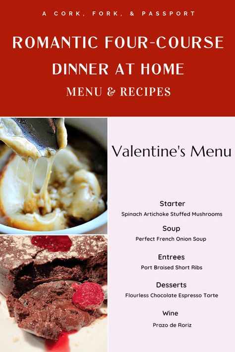 Easily create a delicious gourmet romantic meal for two at home to rival your favorite restaurant with this four-course menu. #valentinesday #romanticdinner #dinnerfortwo #gourmetathome 8 Course Meal Ideas, Fancy 3 Course Meal Ideas, Four Course Meal Ideas, 3 Course Meal Ideas Dinners For Two, Simple Romantic Dinner For Two, Three Course Meal Ideas For Two, 3 Course Dinner Menu Ideas, Valentine Meal Ideas Romantic Dinners, Romantic Steak Dinner For Two At Home