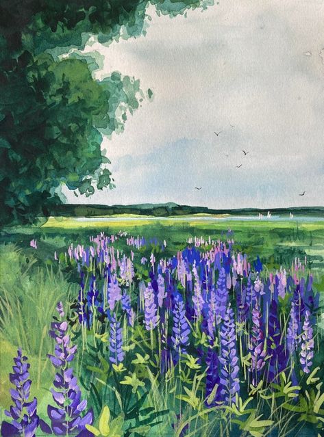 Sunlight in the forest, watercolor : r/Watercolor Sumer Landscape, Dragon Mother, Plant Paintings, Gauche Painting, Sketch Practice, Lupine Flowers, Camden Maine, Acrylic Flower Painting, Colour Flowers