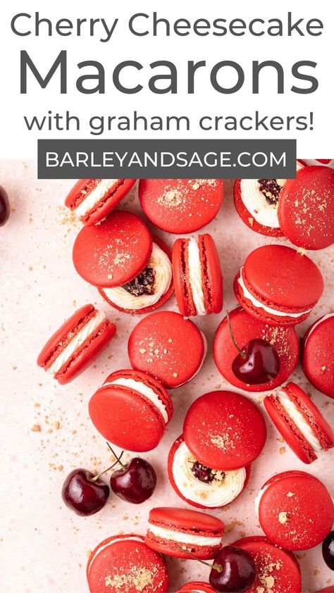 These cherry cheesecake macarons have a light, French macaron shell filled with cream cheese frosting, homemade cherry compote, and graham cracker crumbs! They're a fun summer dessert to use up those fresh cherries! Cherry Cheesecake Macarons, Summer Macaron Flavors, Summer Macarons, Macaron Recipe Flavors, Macarons Filling, Cherry Macarons, Cheesecake Macarons, Macaron Ideas, French Macaroon Recipes