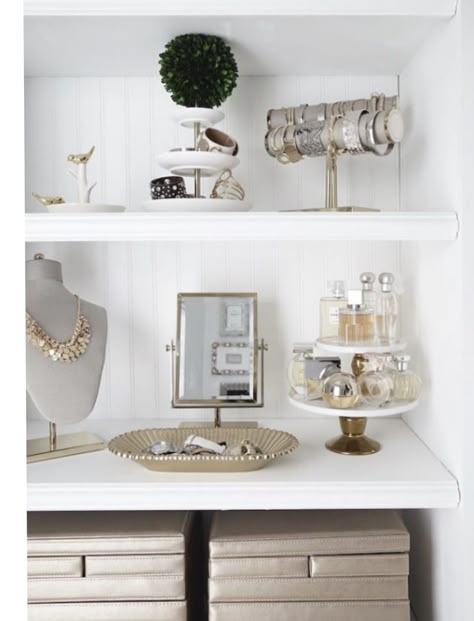 Dressing Room Jewelry Display, Vanity Jewelry Display, Jewelry Shelf In Closet, Makeup Jewelry Organization, Jewelry Area In Bedroom, Makeup Vanity Shelf Ideas, How To Display Perfume On Dresser, Makeup Organization Shelf, Jewelry Corner Bedroom