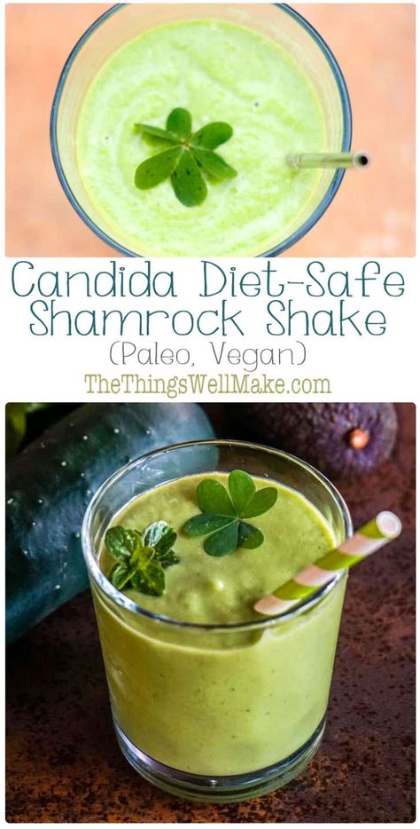 Smooth and creamy, this candida diet safe shamrock shake is delicious without needing any sugar or sweeteners. It's naturally colored, paleo, and vegan. #thethingswellmake #shamrock #shamrockshake #stpatricksday #green #candida #paleo #vegan #smoothie #smoothierecipe #healthytreats #stpatricksdayrecipes #mint #peppermint #candidadiet Candida Diet Food List, Candida Cleanse Recipes, Anti Fungal Diet, Anti Candida Recipes, Candida Cleanse Diet, Protein Shake Diet, Anti Candida Diet, High Sugar Fruits, Healthy Gut Recipes