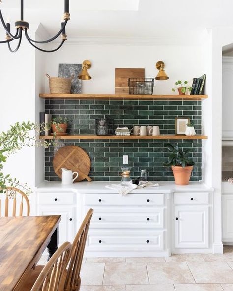 Bedrosians Tile and Stone on Instagram: "Loving this bold pop of color in this space, instantly adds life and warmth to the room! Backsplash:Cloe 2.5x8 in Green Designed by @hollingsworth_co" White Cabinets Light Countertops, Green Backsplash Kitchen, Hollingsworth Green, Green Kitchen Backsplash, Downstairs Kitchen, Green Subway Tile, Kitchen Floating Shelves, Green Backsplash, Kitchen Finishes