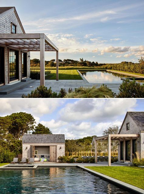 Gabled Ceiling, Nantucket Style Homes Exterior, Hamptons Exterior, Beach House Pool, Modern Beach Home, Nantucket Style Homes, Nantucket Beach, Shingle House, Nantucket Style