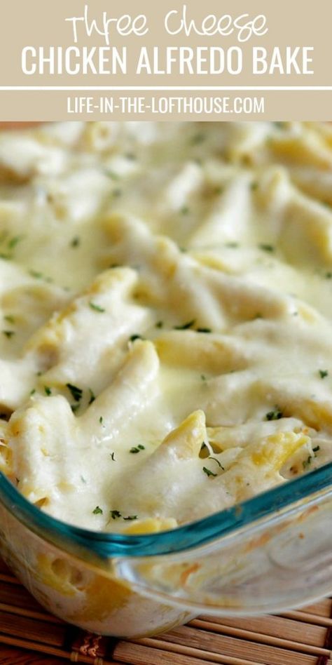 Three Cheese Chicken Alfredo Bake Fettucini Alfredo Recipe, Homemade Chicken Alfredo, Baked Chicken Alfredo Pasta, Fettucini Alfredo, Chicken Alfredo Casserole, Alfredo Bake, Chicken Alfredo Bake, Chicken Fettuccine Alfredo, Chicken Alfredo Recipes