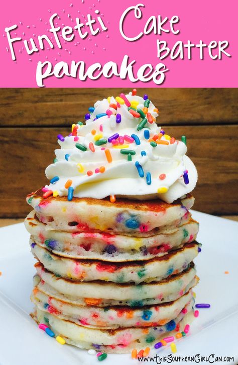 Funfetti Pancakes With Cake Mix Easy, Birthday Pancakes For Kids, Fun Pancakes For Kids, Birthday Breakfast Kids, Unicorn Pancakes, Confetti Pancakes, Funfetti Cake Mix Recipes, Pancake Tower, Cake Batter Pancakes