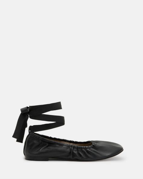 Alia Leather Ribbon Ballet Pumps Black | ALLSAINTS Aesthetic 2023, Ballet Style, Cool Girl Style, Flat Pumps, Ballet Fashion, Style Reference, Black Ballet Flats, Womens Ballet Flats, Ballet Pumps