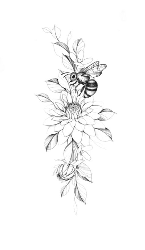 Butterfly Bee Flower Tattoo, Bee Spine Tattoos For Women, Bee And Floral Tattoo, Bees On Flowers Tattoo, Flowers With Bees Tattoo, Bumble Bee Flower Tattoo, Floral Bee Tattoo Design, Bee Spine Tattoo, Flower With Bee Tattoo