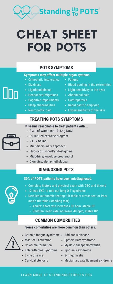 An easy infographic for POTS patients, practitioners, or people in the chronic illness community. For more information, visit our website! Types Of Dysautonomia, What Is Pots Disease, Meals For Pots Disease, Pots Friendly Workouts, Pots Medical Condition, Pots Chronic Illness, Pots Infographic, Pots Symptom Relief, Dysautonomia Tattoo