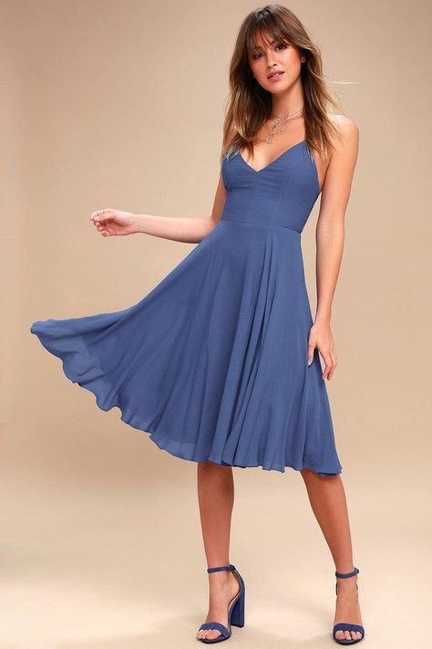 TROULOS DENIM BLUE LACE-UP MIDI DRESS Royal Blue Midi Dress, Midi Dress Chic, Wedding Gown Styles, Royal Blue Lace, Spring Wedding Dress, Royal Blue Dress, Royal Blue Dresses, Dresses To Wear To A Wedding, Dresses For Teens