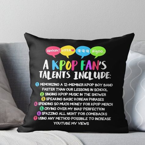 Super soft and durable 100% spun polyester Throw pillow with double-sided print. Cover and filled options. A KPOP FAN'S TALENTS Gift Ideas For Kpop Fans, Kpop Blanket, Kpop Gifts, Relatable Kpop, Learn Korea, Blink Book, Bts Stuff, Mehndi Designs Front Hand, Kids Fans