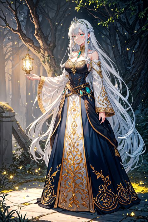 "Unlock the magic of twilight with our ethereal digital painting: a mysterious, petite lady adorned in intricate jewelry and a dark blue Victorian dress, standing amidst an enchanted forest. Let her glowing pendant and sharp, aqua gaze guide you through an ancient, starlit world. A masterpiece of serenity and strength." Blue Victorian Dress, Ancient Character, Twilight Forest, Intricate Jewelry, Cinderella Art, Female Character Concept, Fantasy Collection, Dress Sketches, Princess Outfits