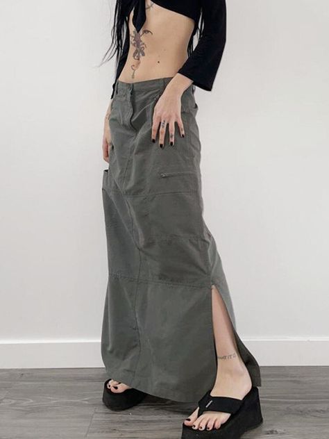 Emtrai Lers |Punk Grunge Long Skirts Women Solid Color Buttons High Waist Split Skirt Gothic Casual Straight Skirts Female Streetwear Gray-S Low Waist Maxi Skirt, Skirts Y2k, Harajuku Grunge, Festival Inspo, Work Skirt, Ankle Length Skirt, Outfit Vintage, Skirt Y2k, Womens Maxi Skirts