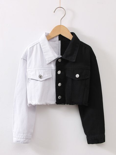 Black and White Casual  Long Sleeve Denim Colorblock Other Embellished Non-Stretch  Girls Clothing Black And White Denim Jacket, Black And White Denim Outfit, Black Denim Aesthetic, White Crop Top Outfit Black Women, Black And White Jacket Outfit, Cute Jackets For Women, Denim Jacket Outfit Women, Black Jeans Jacket, Black And White Clothes