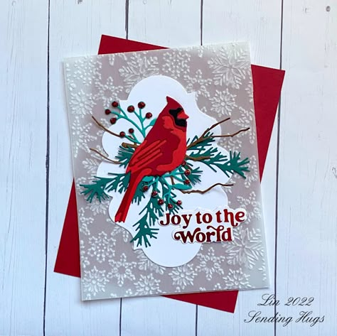 Christmas Bells Cards Handmade, Spellbinders Christmas Bird Poinsettia, Flowers With Markers, Honeybee Cards, Cardinal Christmas Cards, Sending Love And Hugs, Cardinal Cards, Toile Christmas, Jennifer Mcguire Cards