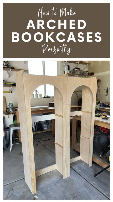 Learn how to make arched bookcases the right way. I played around for a while and finally got it to work. I attached the entire face of this to the bookcases with brad nails and glue. Don't miss out on this step-by-step guide! Arched Bookcases, Arched Bookcase, Diy Projects To Make And Sell, Bookcase Diy, Brad Nails, Display Cabinet, New Room, Entertainment Center, Got It